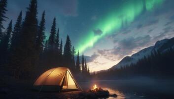 Tent camping by lake with aurora borealis, forest, mountains photo
