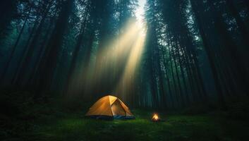 Tent camping in dark forest with light beam, night adventure photo