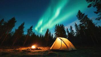 Tent camping under the Northern Lights in a forest photo