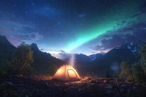 Illuminated tent under aurora borealis in mountain camp at night photo