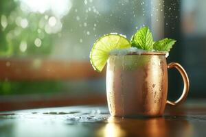 Refreshing Moscow Mule cocktail with lime and mint on a sunny patio photo