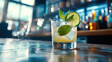 Refreshing cocktail with lime and mint on bar counter in modern restaurant photo
