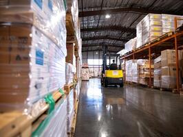 Forklift operator maneuvering through warehouse aisles with stacked goods photo