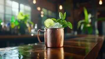 Refreshing Moscow Mule cocktail in copper mug on bar, restaurant background photo