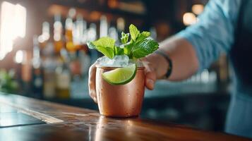 Bartender serving Moscow Mule cocktail in copper mug at bar photo