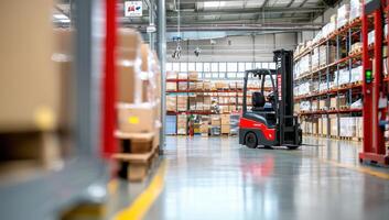 Forklift in warehouse aisle amidst storage racks, logistics operations photo