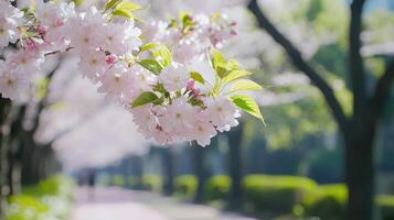 Cherry blossoms bloom on trees lining a park path photo