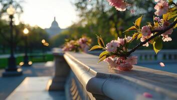 Cherry blossoms on marble railing at sunrise with Capitol Building photo