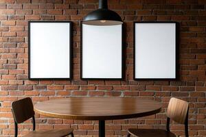 Empty frames on brick wall above cafe table photo