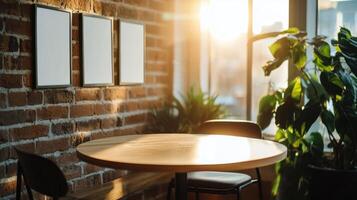 Empty table in sunny cafe with brick wall and plants photo
