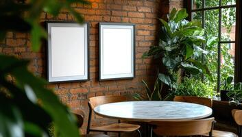 Empty frames in cozy cafe with plants and table by window photo