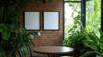 Empty frames in plant-filled cafe corner by window photo