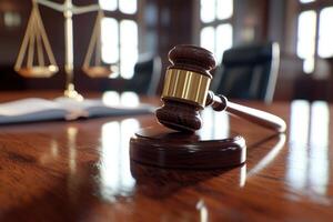 Gavel on desk in courtroom, legal system, justice concept photo