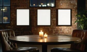 Lit candles on a restaurant table with blank canvases on a brick wall photo