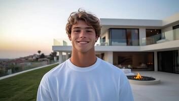 Young man smiles at sunset in front of modern luxury home photo