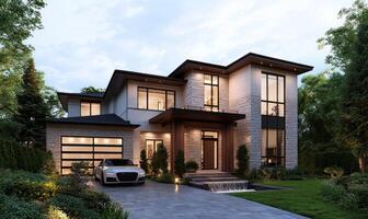 Modern suburban home exterior at dusk with car, landscaping, and driveway photo