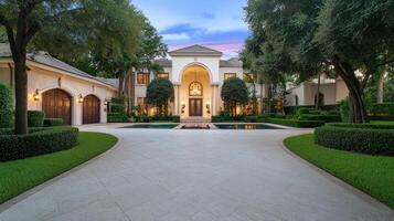 Luxury home exterior at dusk with circular driveway and landscaping photo