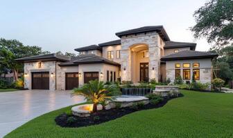 Luxury home exterior at dusk with landscaping and fountain photo