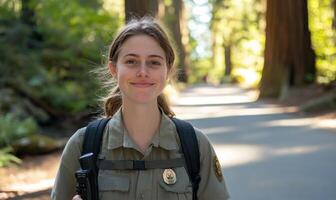 Park Ranger Smiling on Sunny Forest Path photo