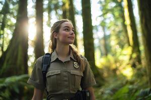 Park ranger exploring sunny forest, conservation work photo