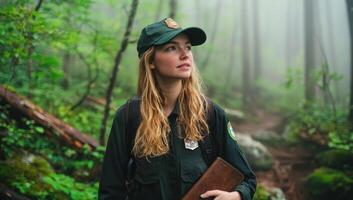 Park ranger exploring misty forest trail, carrying notebook, observing nature photo