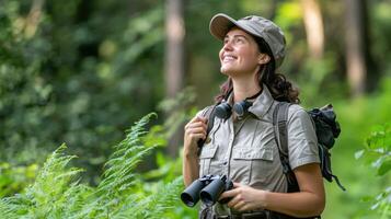 Woman with binoculars exploring lush forest, observing wildlife photo
