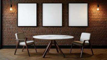 Empty frames, table, chairs in brick room, mockup photo