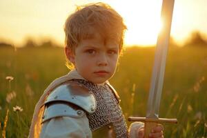 Boy in knight costume with sword in field at sunset photo