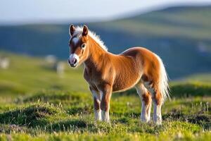 Foal in green pasture, mountain backdrop, livestock farming image photo