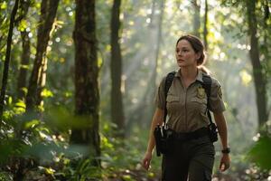 Park ranger patrols lush rainforest at sunrise photo