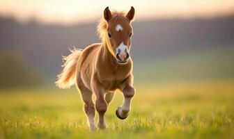 Foal running in a field at sunset photo