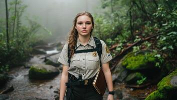 Park ranger patrols misty forest stream, carrying notebook, conservation efforts photo