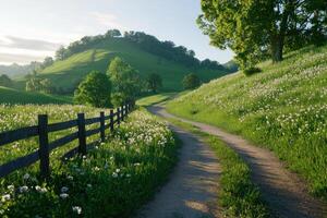 Dirt road winds through wildflowers in a tranquil sunrise valley photo