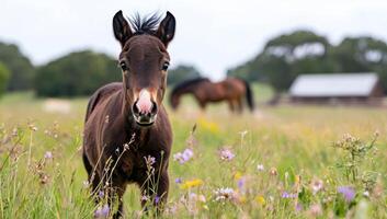 Foal in wildflower meadow, adult horse grazing, farm background photo