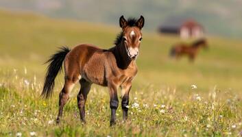 Foal in mountain meadow, blurred horses in background photo