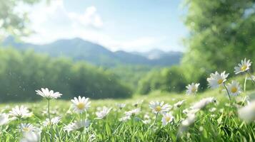 Daisy field with mountain view in sunny spring photo