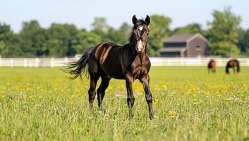 Dark horse trotting in a dandelion field with a barn in the background photo