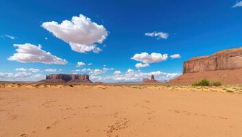 Monument Valley desert landscape with buttes, clouds, blue sky photo