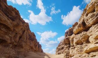 Desert canyon under cloudy sky photo