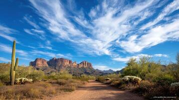 Desert trail to mountains under swirling clouds photo