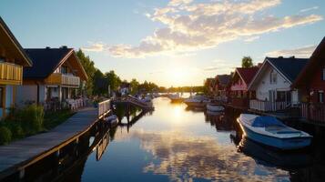 Sunset over canal with colorful houses and boats, ideal for travel ads photo