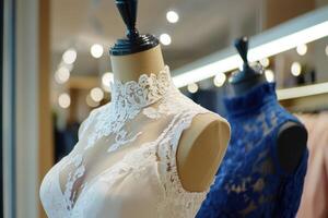 Mannequins in wedding dresses displayed in a bright bridal shop photo