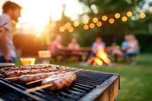 Kebabs grilling at a backyard party with friends by a bonfire photo