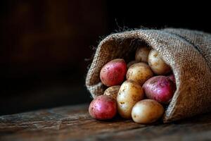 Fresh potatoes spilling from burlap sack on rustic wooden table photo