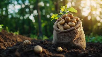 Fresh potatoes in burlap sack on soil in garden at sunset photo