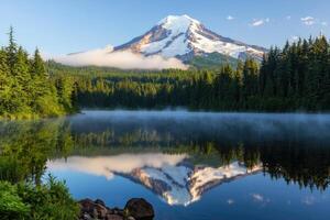 Mt. Rainier reflects in misty lake at sunrise photo