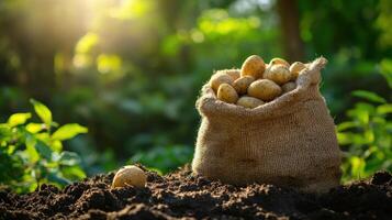 Fresh potatoes in burlap sack on farm soil, sunlit garden background photo