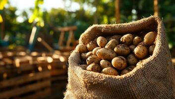 Freshly harvested potatoes in burlap sack on farm photo