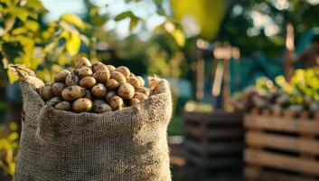 Freshly dug potatoes in burlap sack, garden background, harvest concept photo