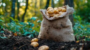 Sack of fresh potatoes harvested in a garden, autumn forest background photo